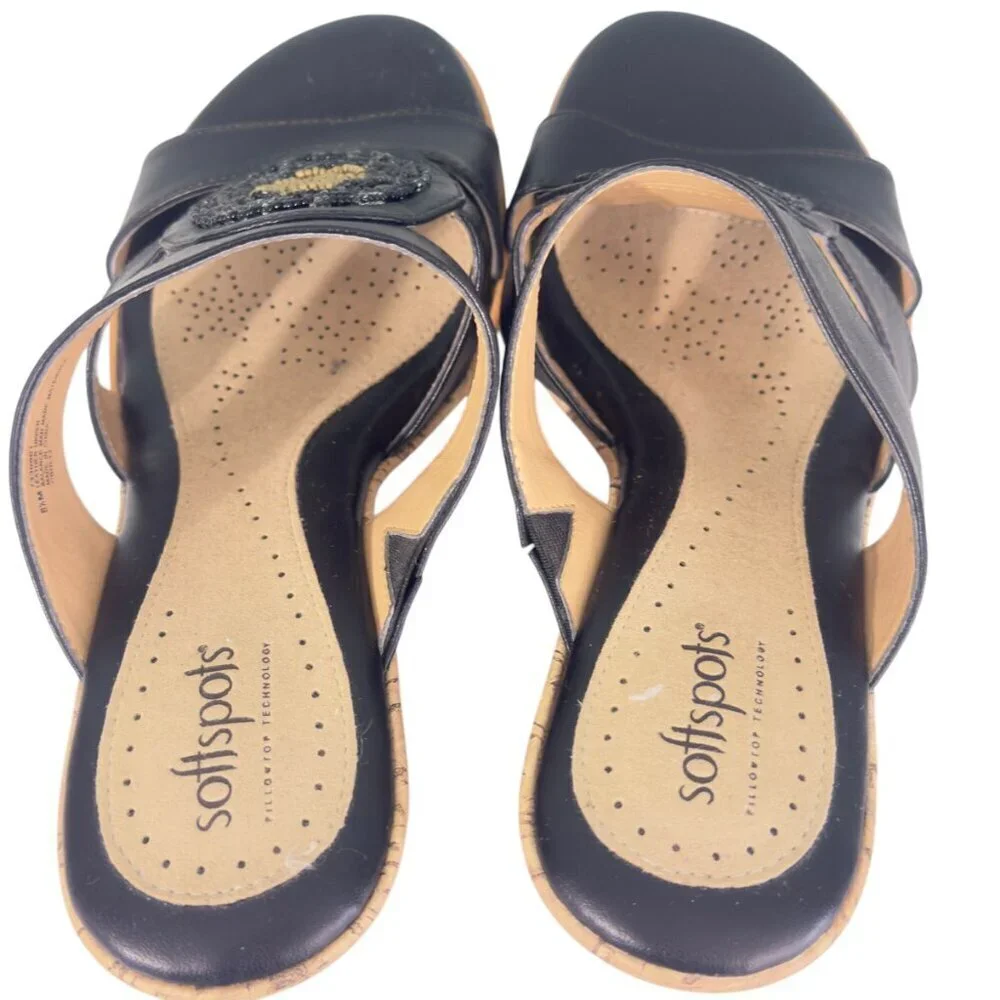 Softspots Wedge Sandals Women 8.5 Black Leather Espadrille Cork Beaded Excellent